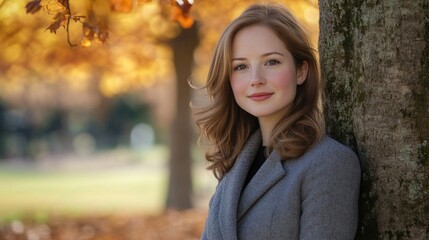 Wall Mural - Elegant young woman with light brown hair in a gray coat posing by a tree in a vibrant autumn park with golden leaves and soft sunlight.