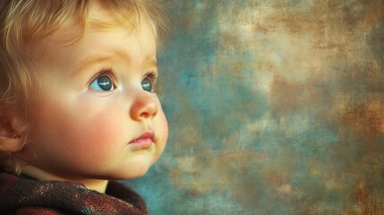 Wall Mural - Thoughtful baby with blue eyes gazing into the distance against a textured blue and brown backdrop, capturing innocence and curiosity.