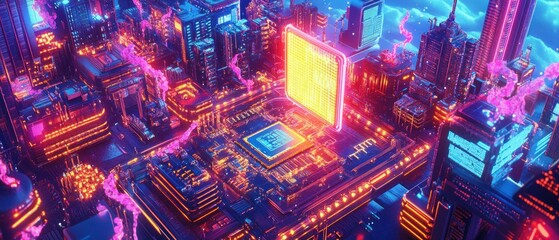 Poster - glowing chip in futuristic city at night with neon lights, digital technology, illustration, future