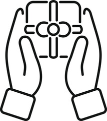 Poster - simple line drawing of two hands carefully holding a christian cross, symbolizing faith, devotion, a