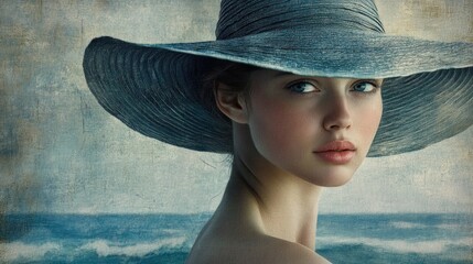 Canvas Print - Portrait of a young woman with a stylish wide-brimmed hat against a serene ocean backdrop showcasing tranquil blue tones and soft textures.