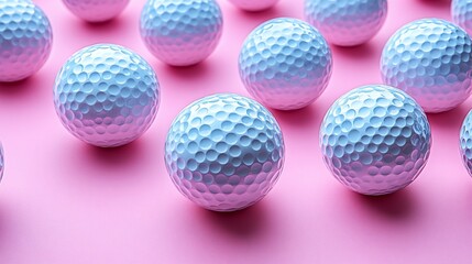 Wall Mural - A collection of white golf balls arranged on a soft pink background, creating a vibrant and playful scene