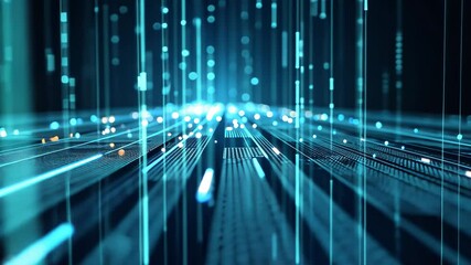 Fototapete - Abstract data system with glowing blue lines creating a dynamic landscape of technology and connectivity in a digital world, evoking a sense of innovation and progress