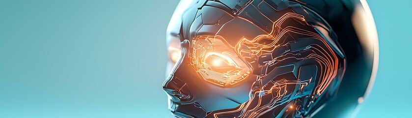 Poster - Futuristic robotic head with glowing orange energy patterns against turquoise background, side view profile showcasing artificial intelligence and technological advancement.