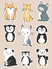 Poster - Cute animal stickers featuring cartoon cats, pandas, and penguins on a light background for decorating and crafting. Generative AI