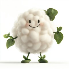 Sticker - cotton plant monster with soft fluffy fibers, leafy arms, and a gentle smile, isolated on white