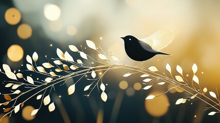Wall Mural - a bird perched on a leaf-covered tree branch against a golden backdrop