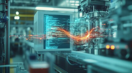 Aufkleber - data stream flowing from a computer screen displaying code, connecting to automated machinery in a m