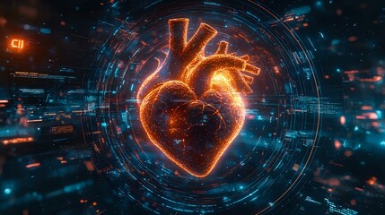 Poster - Glowing orange anatomical heart hologram with digital circular elements against dark background, futuristic medical technology visualization concept.