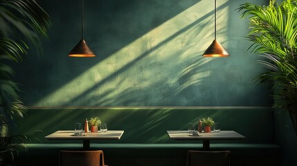Wall Mural - a restaurant featuring a green wall, two tables with chairs, and a potted plant on one side