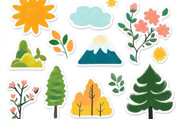 Poster - Colorful collection of nature themed stickers featuring flowers, trees, and mountains in vibrant designs on a white background. Generative AI