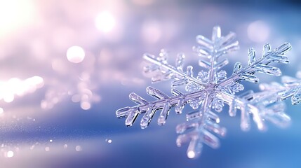 Poster - Delicate snowflake crystal with intricate patterns captured in macro against blurred pink and blue winter background with sparkling bokeh lights.