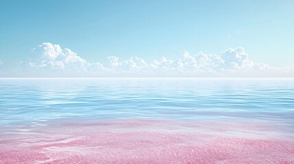 Wall Mural - Serene Pink Shoreline Reflection Blue Sky Water Gentle Waves Tranquil Seascape Peaceful Beach View.