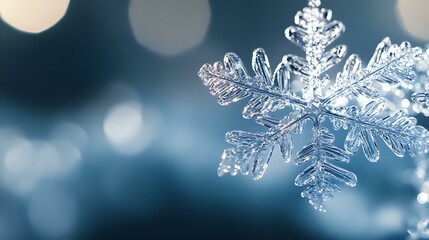 Poster - Delicate crystalline snowflake with intricate patterns captured in macro photography against blurred winter bokeh background in cool blue tones.