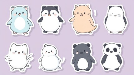Poster - Cute animal stickers featuring a variety of characters in playful designs on a light purple background. Generative AI