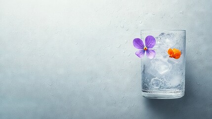 Wall Mural -  A glass with water, two orange and purple flowers, and water droplets