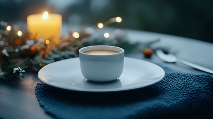 Wall Mural - Cup of coffee with milk on white plate against blurred background with burning candle and bokeh lights creating cozy winter atmosphere.