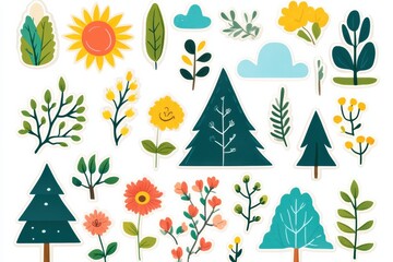 Poster - Collection of colorful nature themed stickers featuring flowers, trees, and sunny elements in a vibrant design. Generative AI