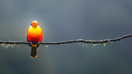 Poster -   A small bird perched on a wire with lichen on its end