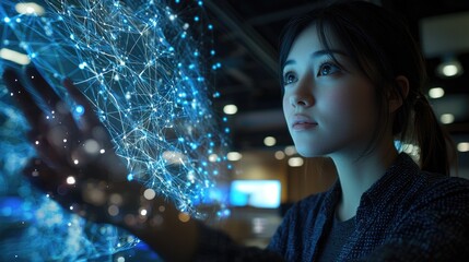 Poster - Woman Interacting with Futuristic Hologram Interface