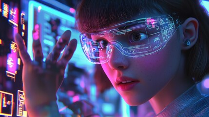 Poster - Cyberpunk Girl Interacting with Holographic Interface