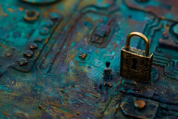 Poster - Small padlock on circuit board with water drops, representing cybersecurity and digital protection in modern technology environment. Dramatic lighting creates mood.