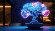 © Sana - A glowing blue and pink cybernetic bonsai tree with intricate AI circuitry forming heart-shaped leaves
