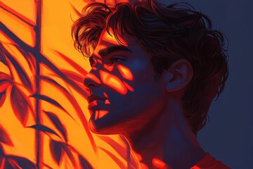 Poster - Artistic portrait of a young man with shadow play urban setting digital art contemporary side view emotion exploration