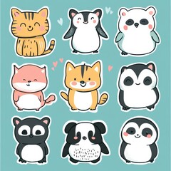 Poster - Colorful animal stickers featuring adorable designs of cats, pandas, and other cute creatures on a soft background. Generative AI