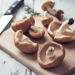 Wall Mural - Raw chanterelles with knife on cutting board on white wooden background