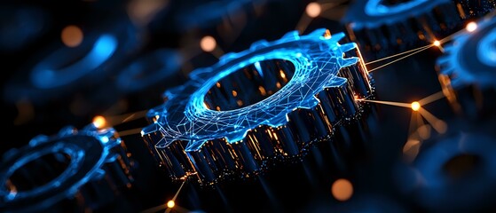Poster - Glowing blue mechanical gears with light effects on dark background, sparks and energy streams flowing through industrial machinery parts in motion.