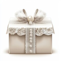 Wall Mural - wedding gift box with elegant white wrapping, lace details, and a pearl ribbon, isolated on white