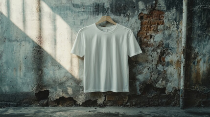 Poster - Soft white t-shirt hangs on a wooden hanger against a weathered, brick-laden wall, bathed in warm sunlight. The contrasting textures create a visually striking atmosphere