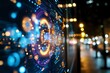 © Yuliia - Futuristic digital technology visualization with glowing circles and data streams against blurred city lights background at night, showcasing digital transformation.
