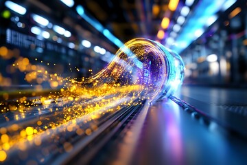 Poster - Glowing light bulb with magical golden sparkles and blue bokeh effects against blurred urban background creates futuristic energy concept.