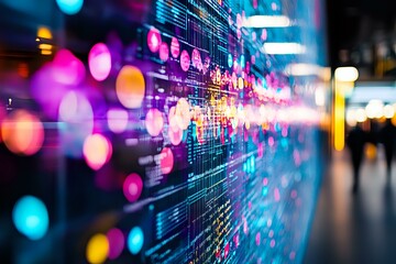 Poster - abstract digital technology background with glowing bokeh lights and data code visualization on dark