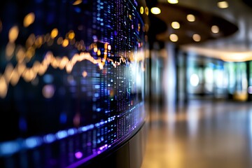Poster - Digital stock market display panel with glowing blue data and graphs in modern office interior with blurred bokeh lights and corridor background.