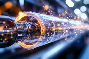 Poster - Glowing fiber optic cable with orange light trails and network connections against dark background, modern telecommunications technology for digital data transfer.