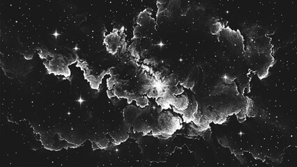 Aufkleber - Deep space scene background in stippling style with glowing stars cluster and mesmerizing huge nebula as stellar nursery where stars are born. Dotwork. Pointillism. Noisy shading using dots. Vector