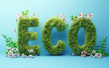 Sticker - of the word ECO created from vibrant green moss and flowers, on a pastel background