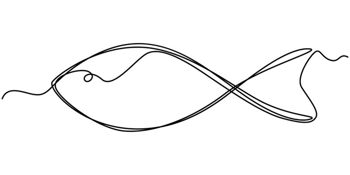fish icon continuous one line drawing, Minimalist vector illustration depicting a fish swimming, created with a continuous line, Continuous Line Drawing of Fish Icon. Hand Drawn Symbol pro Vector. 