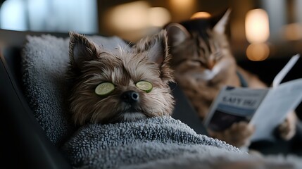 Two cats relaxing at home - one wearing glasses lying on couch while other reads book in background. Cozy domestic scene with warm lighting and soft textures.