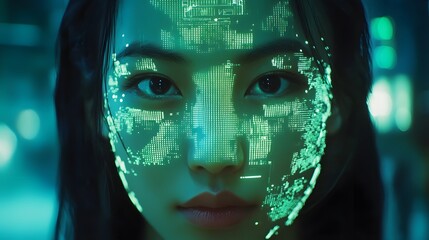 Poster - Close-up of a woman's face with a futuristic, green digital overlay resembling a world map. The image evokes themes of technology, AI, and the digital age.