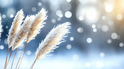 Poster - Delicate pampas grass plumes against blurred winter background with bokeh lights and snow, creating serene natural atmosphere in soft blue tones.
