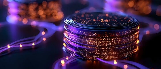 Poster - Glowing cryptocurrency coins stacked in purple and orange neon lights with bokeh background and digital network lines, modern financial technology concept.