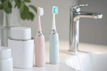 Poster - A pair of toothbrushes placed on a countertop, often used in bathrooms