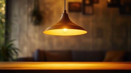 Poster - A simple wooden table with a pendant light suspended above, perfect for indoor or outdoor use