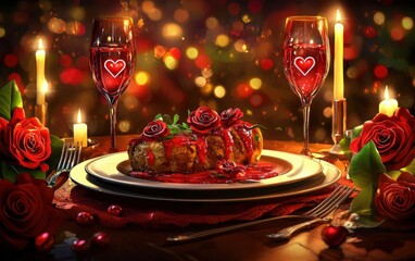 Wall Mural - Fancy Valentines Day dinner setup with candles, roses, and a gourmet meal on a romantic background