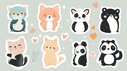 Poster - Cute animal stickers featuring cats, dogs, pandas, and bears with cheerful expressions on a pastel background. Generative AI