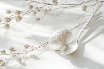 Poster - A simple still life of a spoon and its matching rest on a clean white background